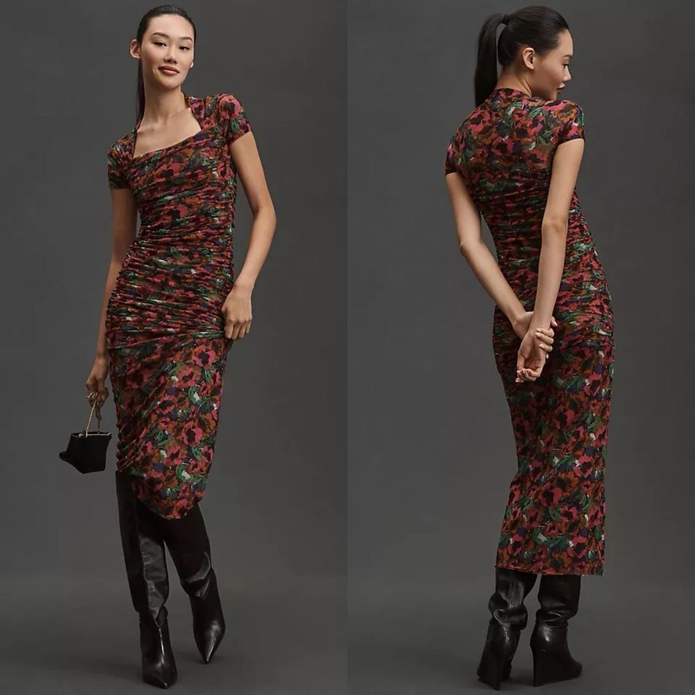NWT MISA Los Angeles Marilyn Ruched Mesh Midi Dress in Jewel Tone Flora size XS